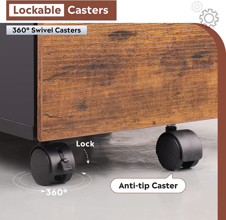 Rustic Brown Rolling File Cabinet with Lock