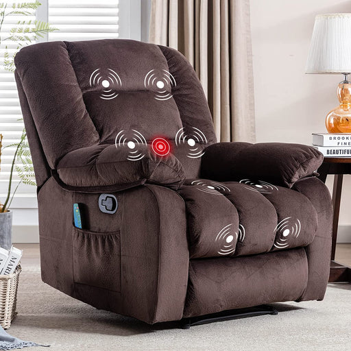 Massage Recliner Chair with Heat and Overstuffed Fabric (Brown)