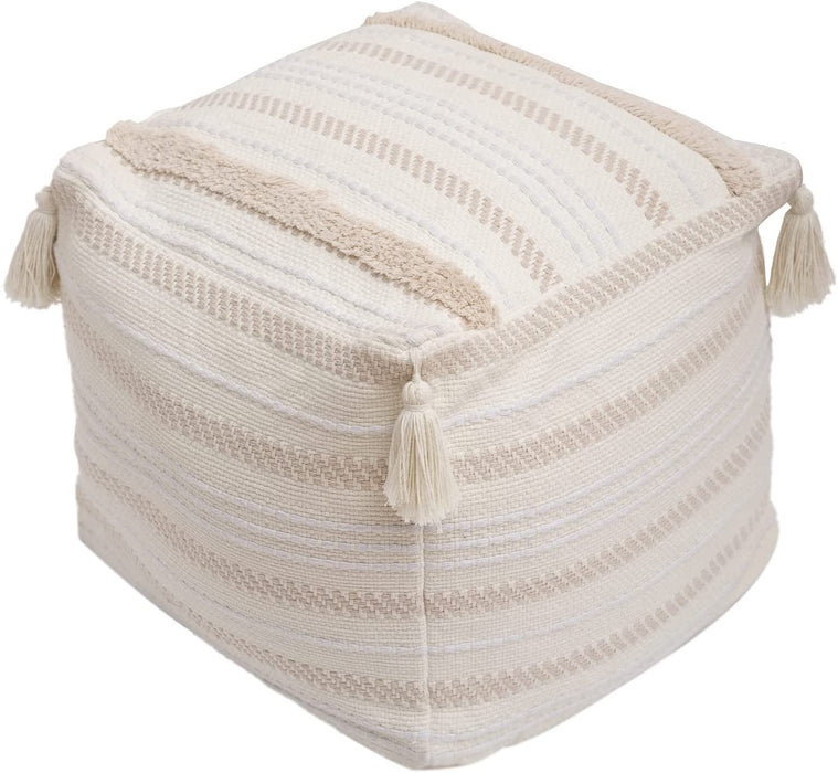 Braided Boho Pouf with Tassels and Tufted Cushion