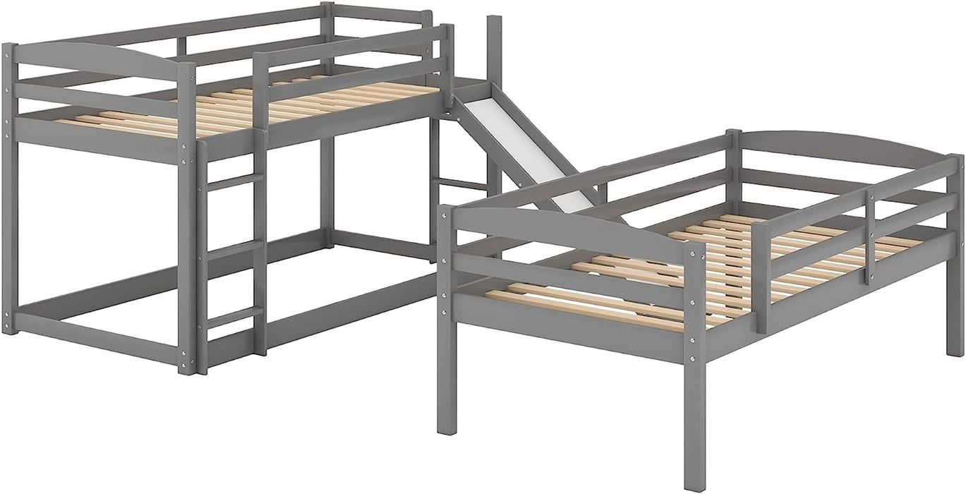 Twin over Twin Triple Bunk Bed with Slide and Guard Rails