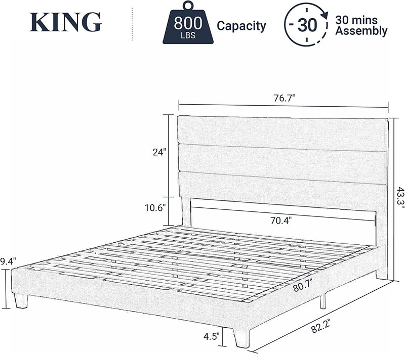 King Upholstered Platform Bed Frame with Fabric Headboard