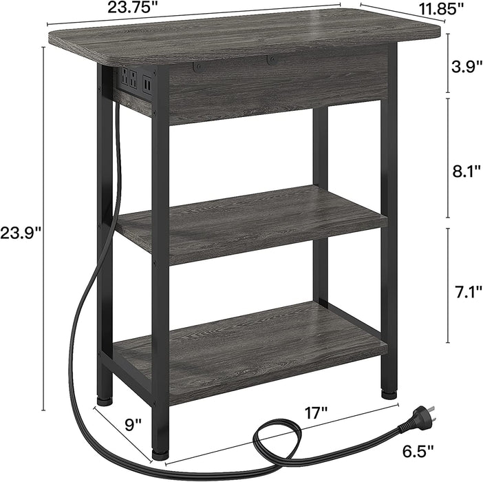 End Table with Charging Station, Flip Top Side Table for Small Spaces, Dark Grey