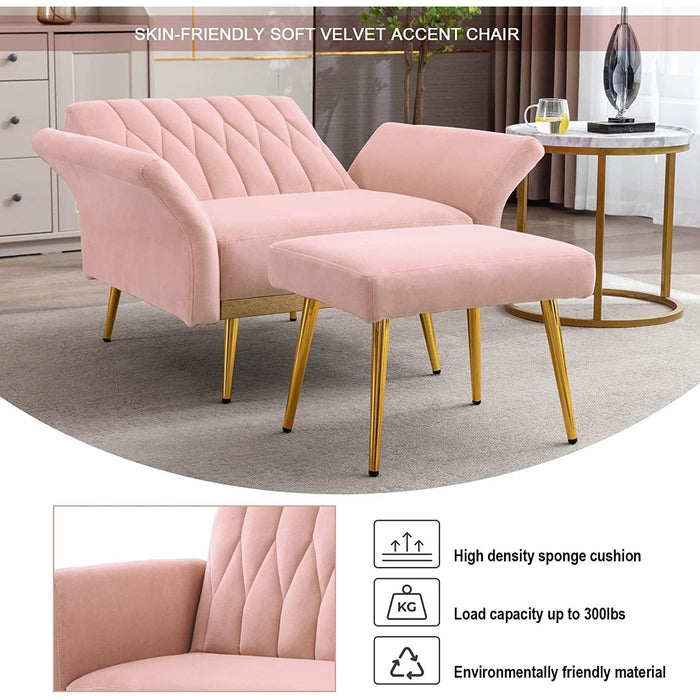 Pink Velvet Chair with Ottoman and Armrests