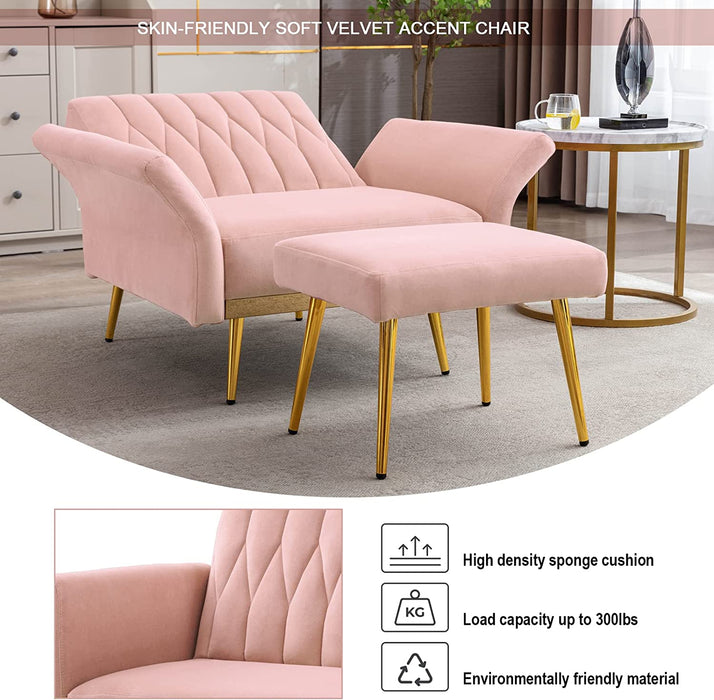 Pink Velvet Chair with Ottoman and Armrests