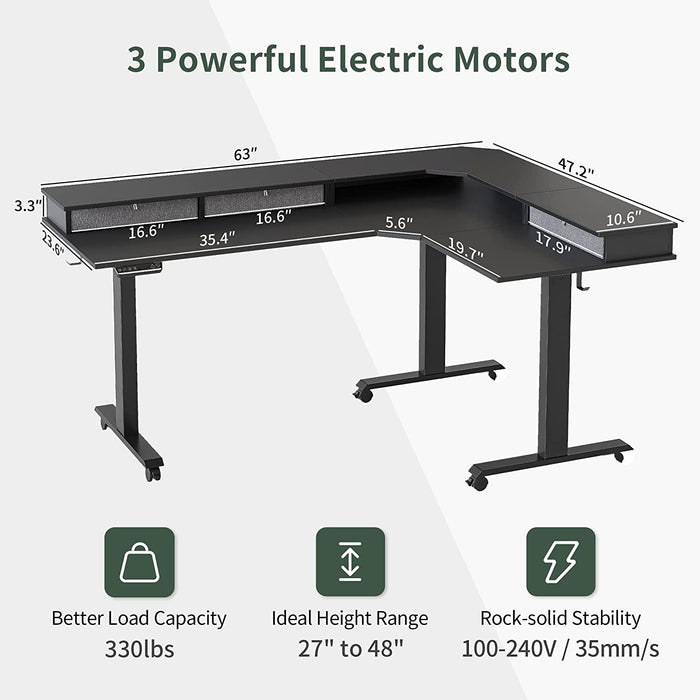 Triple Motor Standing Desk, L-Shaped, Black