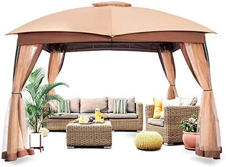 10X12 Gazebo for Patio, Double Vent Canopy Gazebo with Privacy Netting Screen, Outdoor Heavy Duty Steel Patio Gazebo, Waterproof and Portable Gazebo for Deck Backyard Lawn and Garden (Khaki)