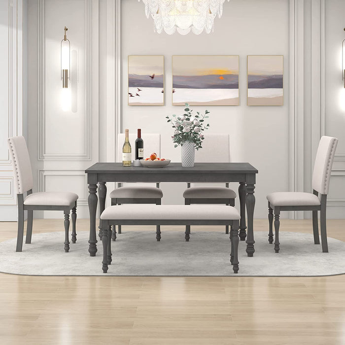 French Style 6-Piece Dining Table Set with Bench, Gray