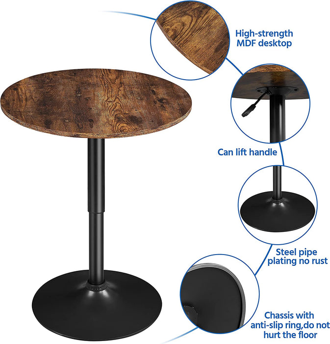 Round Pub Table Height Adjustable, Rustic Brown