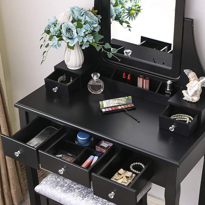 Vanity Table Set with Mirror, Stool, 5 Drawers (Black)