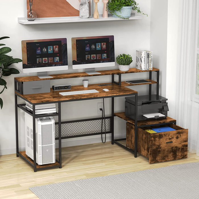 Large Desk with Monitor Stand, Rustic Brown