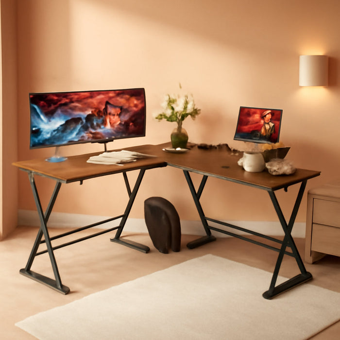 Vintage L-Shaped Gaming Desk with Monitor Stand