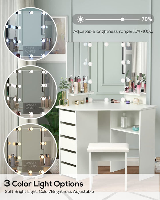 Vanity Desk Set with Lighted Mirror & Shelves