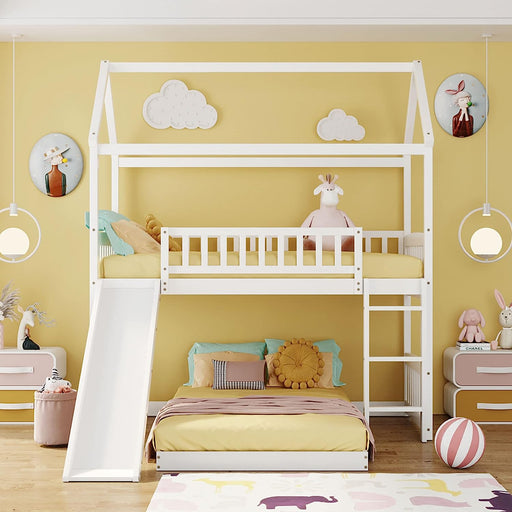 White Twin Size House Bed with Slide and Ladder