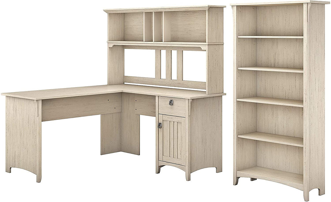 Bush Furniture Salinas L Shaped Desk with Hutch and Bookcase, 60W, Antique White