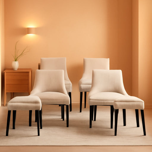 Set of 6 Beige Corduroy Dining Chairs with Wood Legs