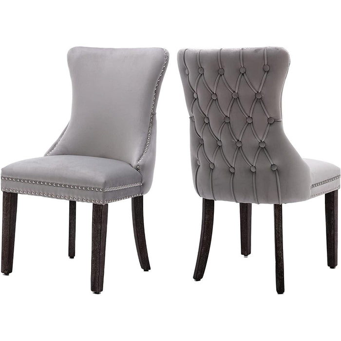 Set of 2 Light Gray Velvet Tufted Wingback Dining Side Chairs, Nailhead, Solid Wood Legs