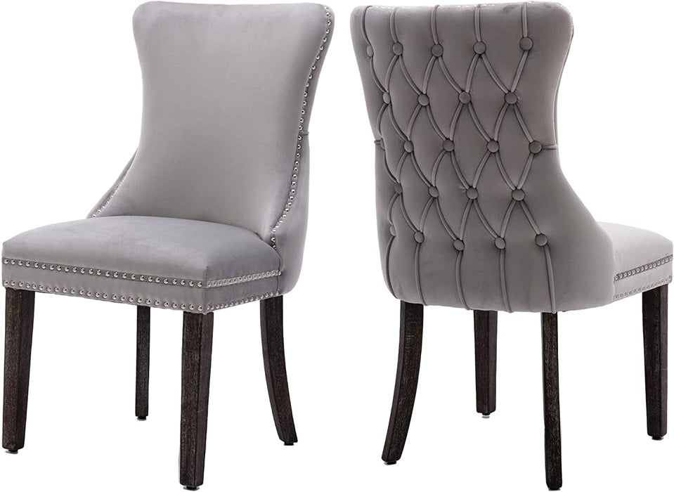 Set of 2 Light Gray Velvet Tufted Wingback Dining Side Chairs, Nailhead, Solid Wood Legs