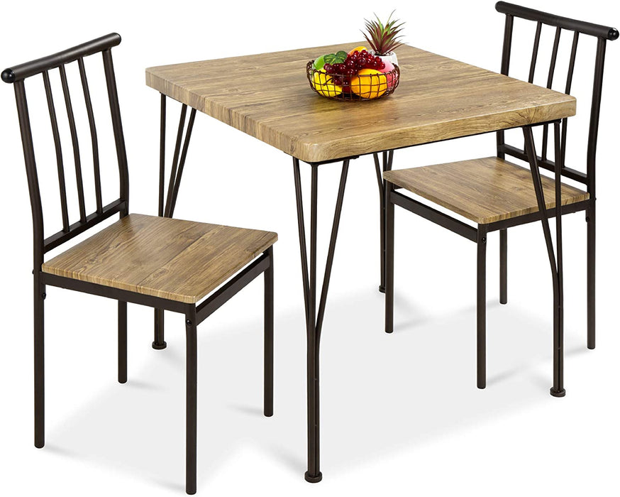 3-Piece Metal and Wood Square Dining Table Set, Brown