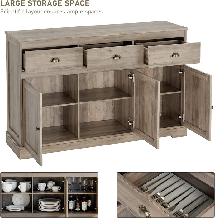 Farmhouse Buffet Server with Wine Cabinet and Drawers, Grey Wash