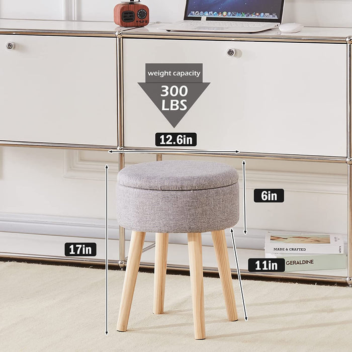 Grey Linen Ottoman with Tray Top and Wood Legs