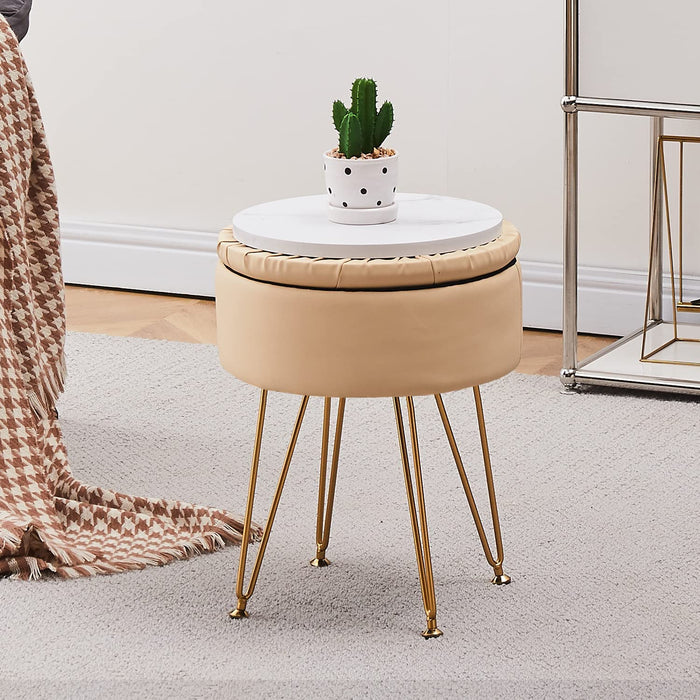 Beige Ottoman with Metal Legs and Tray Top