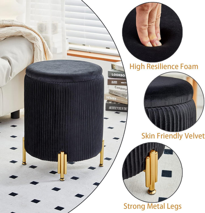 Black Velvet Ottoman with Storage and Padded Seat