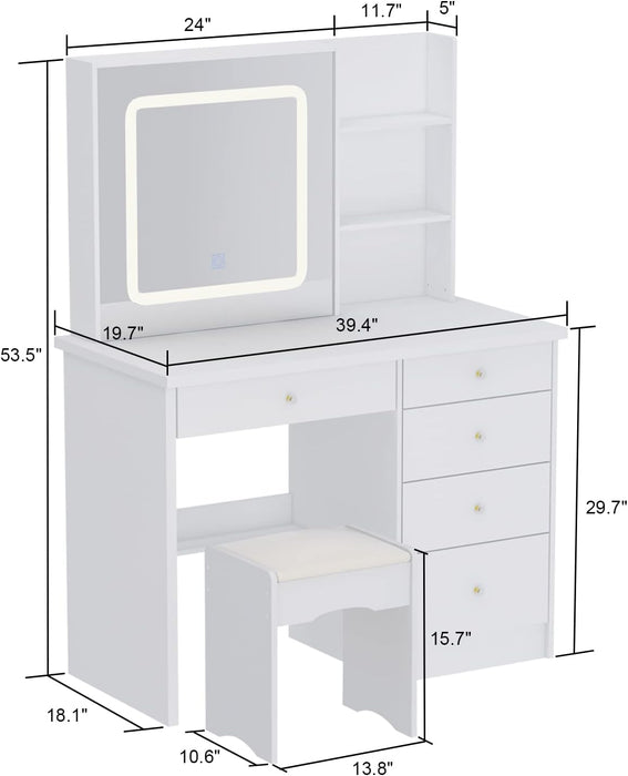 White Makeup Table with Sliding Lighted Mirror