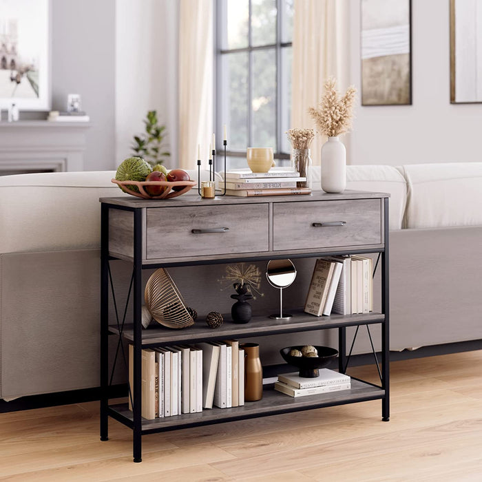 Vintage Grey Console Table with Drawers and Shelves