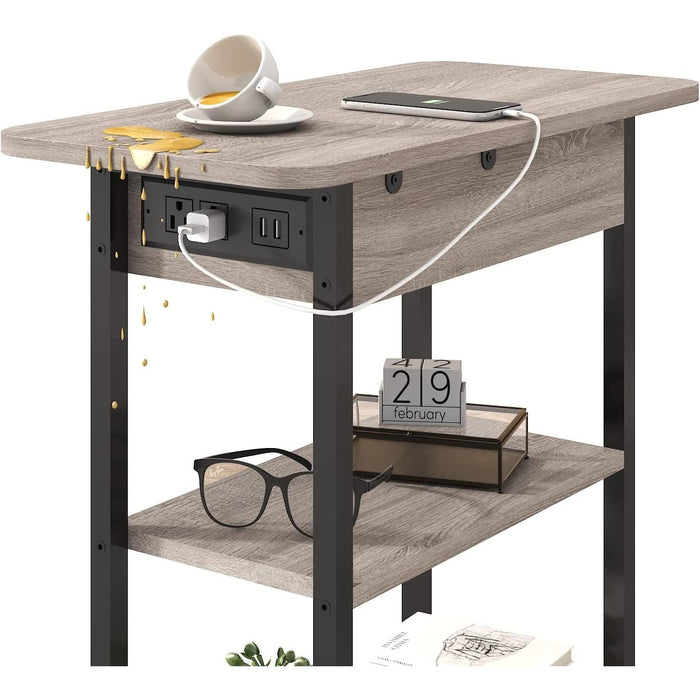 End Table with Charging Station, Flip Top Side Table for Small Spaces, Greige