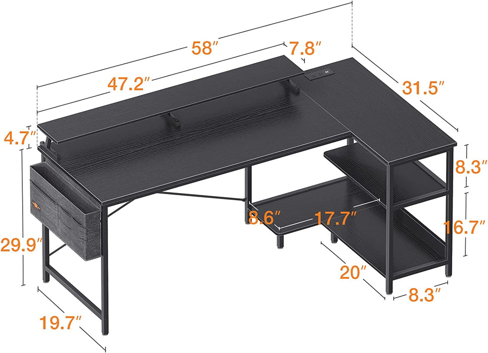 Modern L-Shaped Desk with USB & Storage Shelves