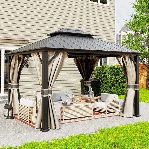 10' X 12' Hardtop Gazebo, Galvanized Steel Double Roof Permanent Aluminum Gazebos with Curtains & Mosquito Netting for Patio, Lawn and Garden, Khaki