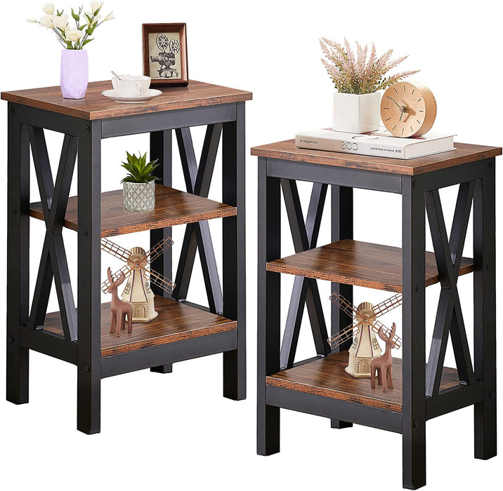 Brown Nightstands with 3-Layer Storage Shelf, Set of 2