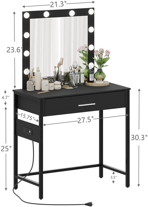 Black Vanity Desk with Lighted Mirror, Charging Station