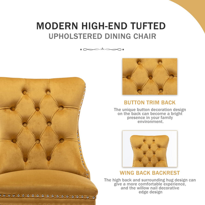 Gold Velvet Dining Room Chairs, Tufted, Ring Pull Trim