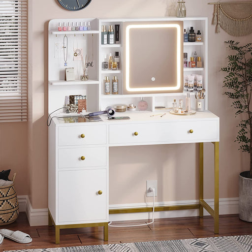 White Vanity Desk with Mirror and Lights in 3 Colors