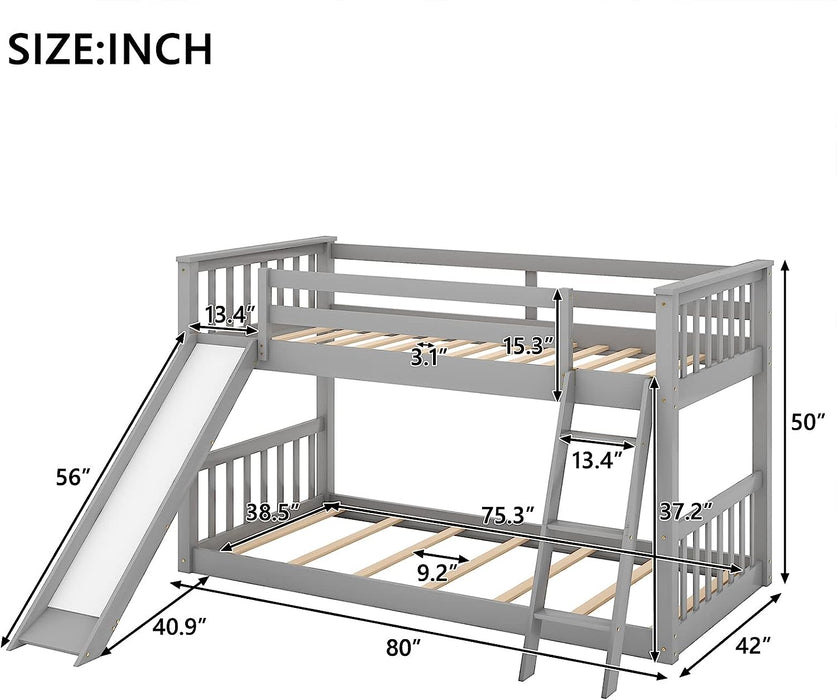 Twin over Twin Floor Bunk Bed with Slide, Gray