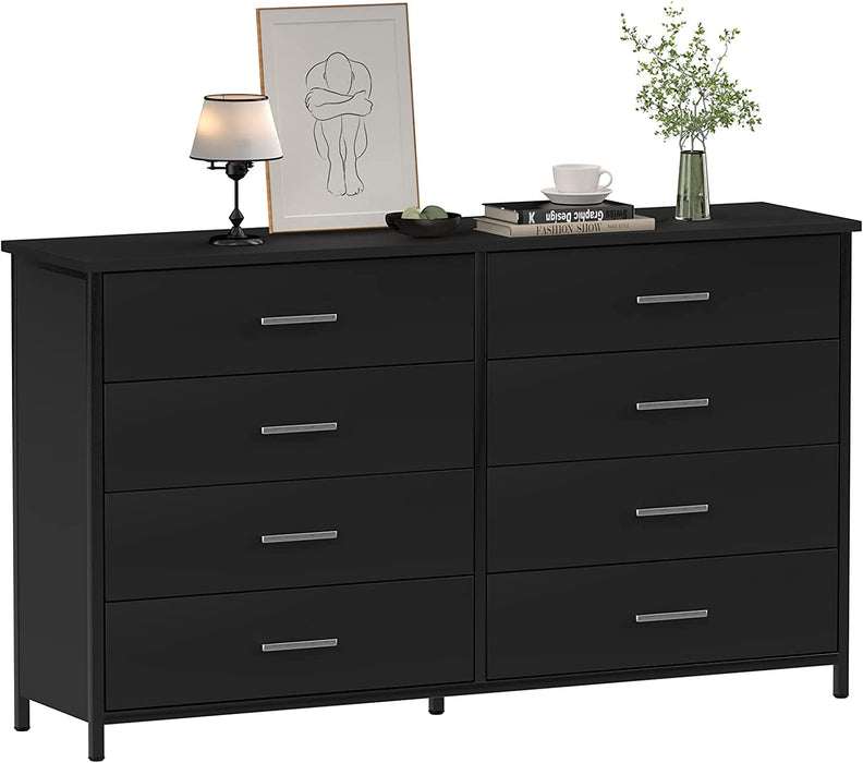 Black Wood 8-Drawer Double Dresser with Steel Frame