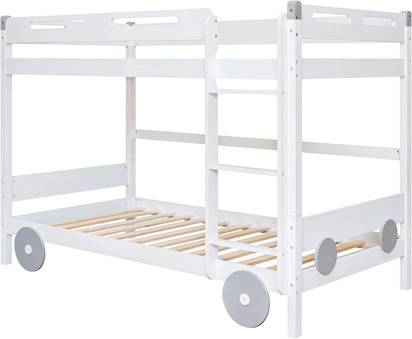 Car-Shaped Twin Bunk Bed with Wheels, White