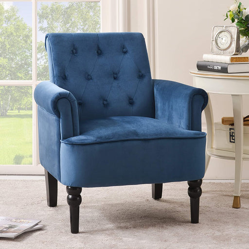 Elegant Blue Velvet Wingback Chair with Wooden Legs