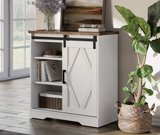 White Rustic Farmhouse Accent Buffet Sideboard with Sliding Barn Door