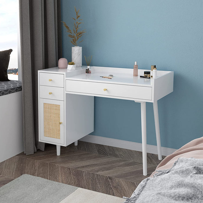 White Vanity Desk with Drawers and Storage