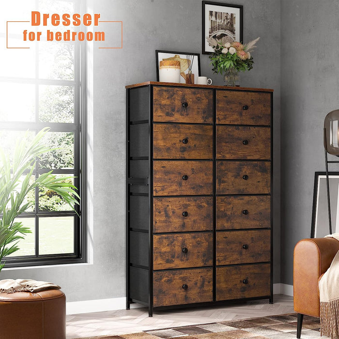 Rustic Brown 12 Drawer Tall Dresser with Wooden Top