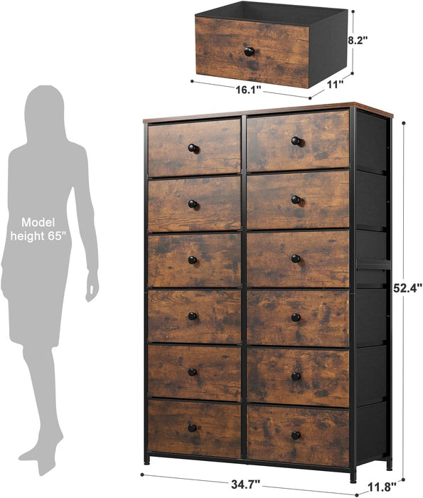 Rustic Brown 12 Drawer Tall Dresser with Wooden Top