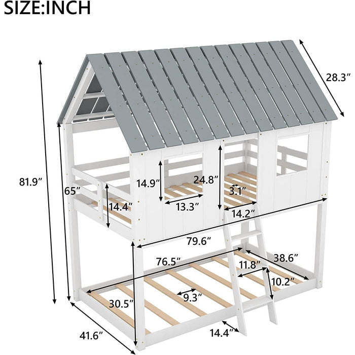 Twin House Bunk Bed with Playhouse, White and Gray