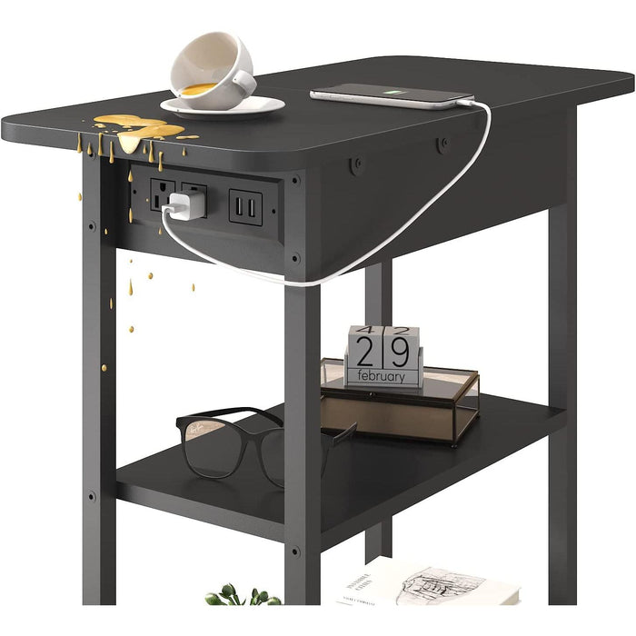 End Table with Charging Station, Flip Top Side Table for Small Spaces, Black