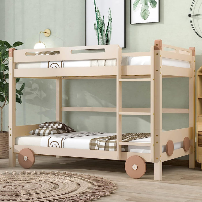 Natural Car-Shaped Low Bunk Bed with Guardrails and Ladder