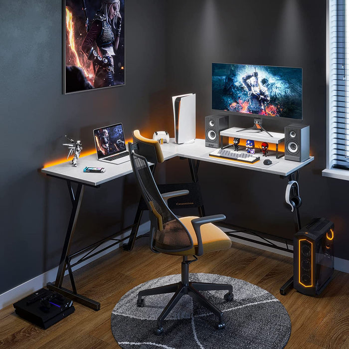 L-Shaped Gaming Desk with Monitor Stand, White