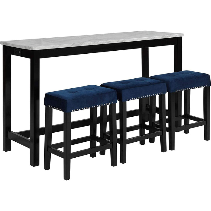 Blue Velvet Bar Table with 3 Stools, Faux Marble