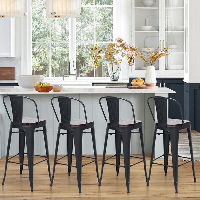 High Back Swivel Metal Barstools, Set of 4, Matte Black, 26 Inch