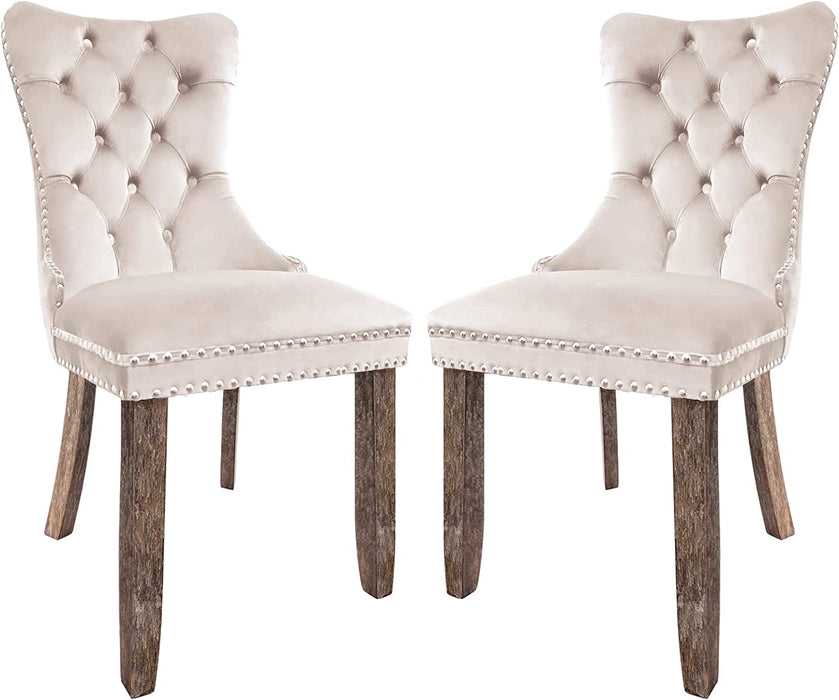 Solid Wood Dining Chairs with Nailhead Back (Set of 2, Beige)